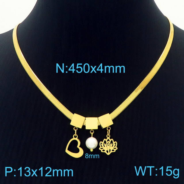 3 color heart clover pearl charm stainless steel snake chain necklace set