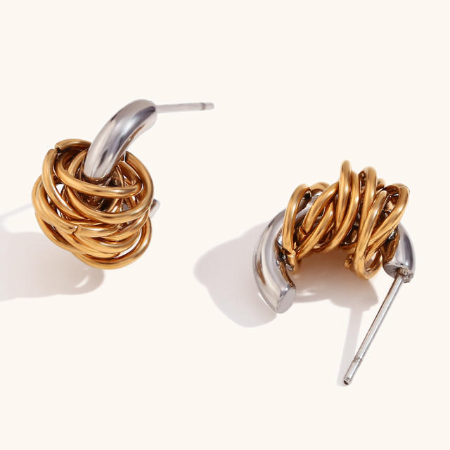 Unique two tone creative twisted circle stainless steel earrings