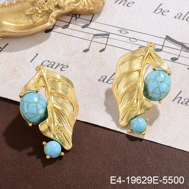 925 needle vintage gold plated turquoise bead leaf design studs earrings