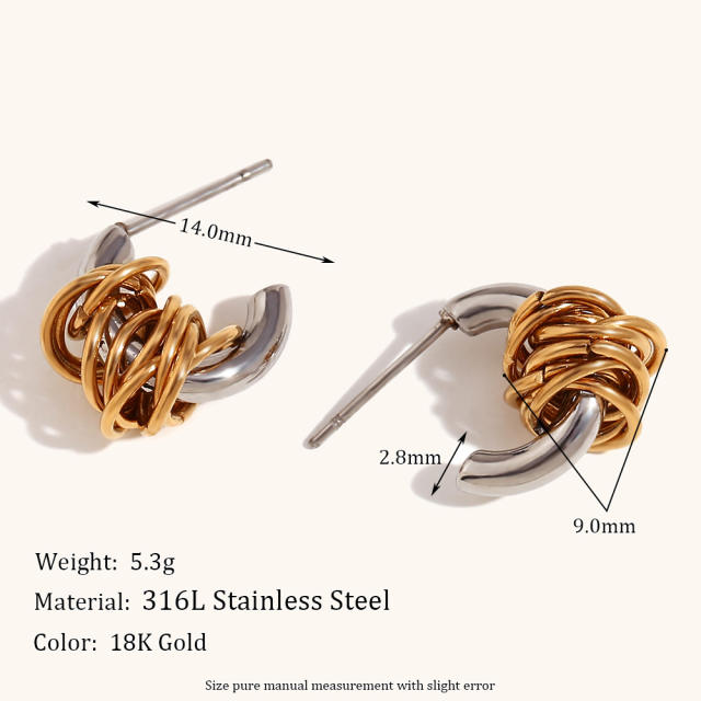 Unique two tone creative twisted circle stainless steel earrings