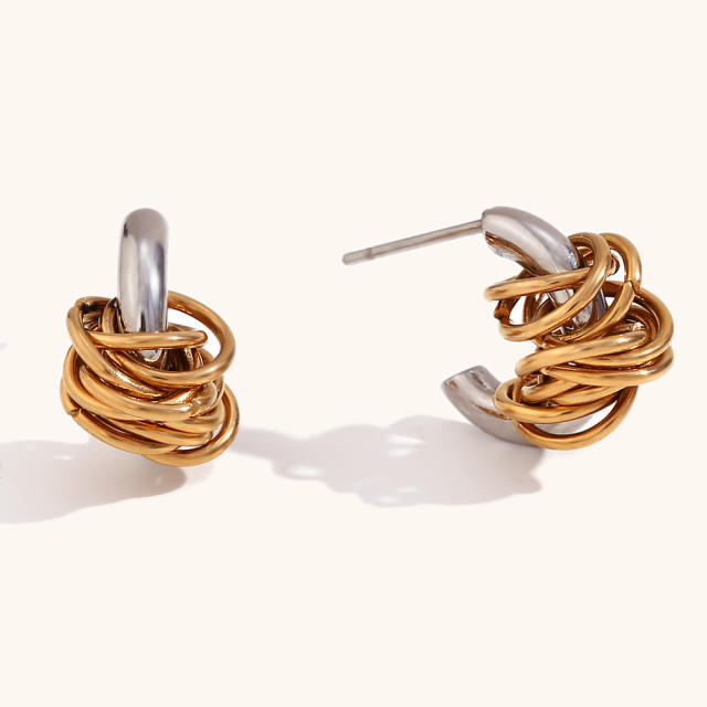 Unique two tone creative twisted circle stainless steel earrings