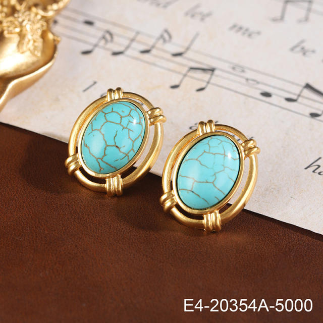 925 needle vintage gold plated turquoise bead leaf design studs earrings