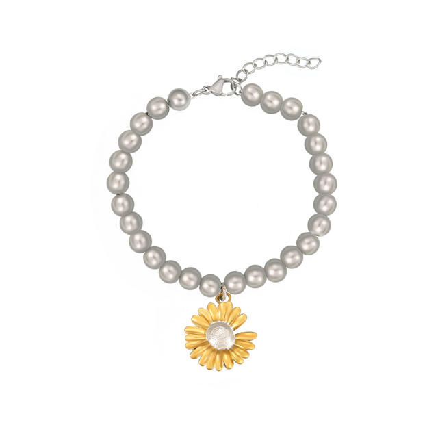 Personality two tone stainless steel daisy flower charm bead bracelet