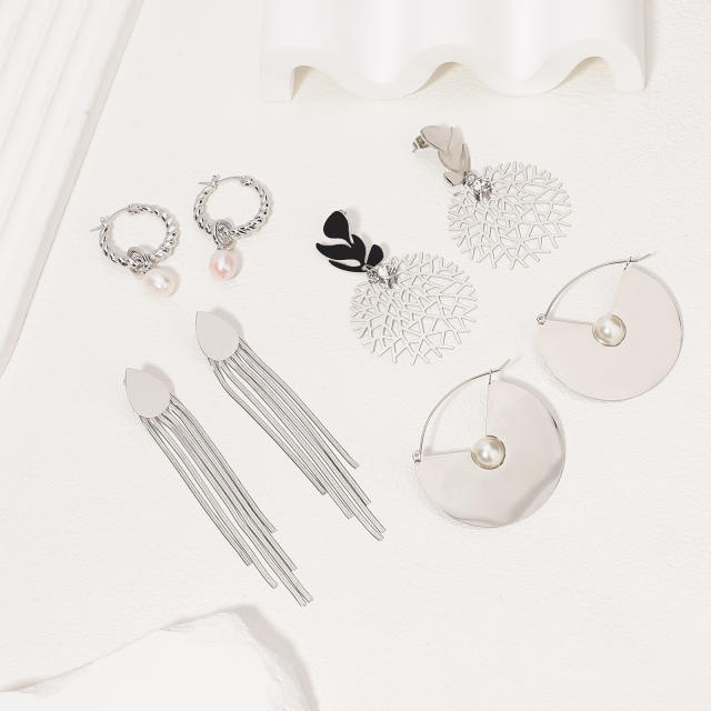 Simple silver color pearl bead stainless steel earrings