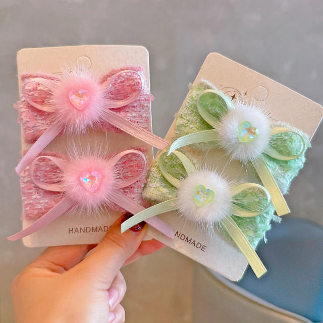 Winter autumn sweet stereo bow fluffy ball hair clips for kids 1pcs