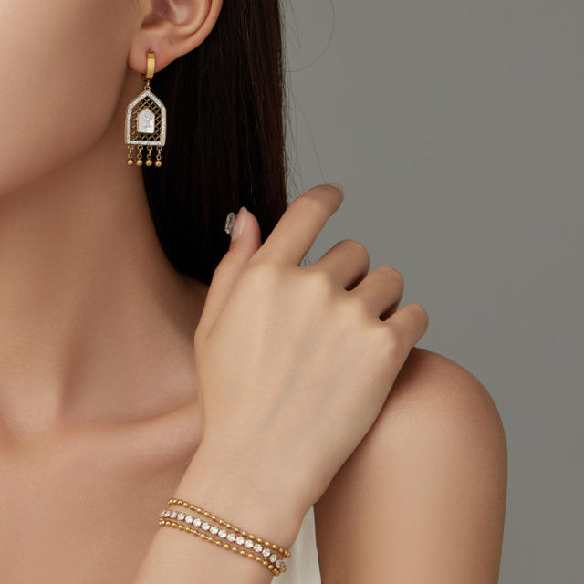 Vintage gold color stainless steel diamond earrings bracelet set