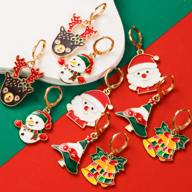 Color enamel christmas tree santa bell cute huggie earrings