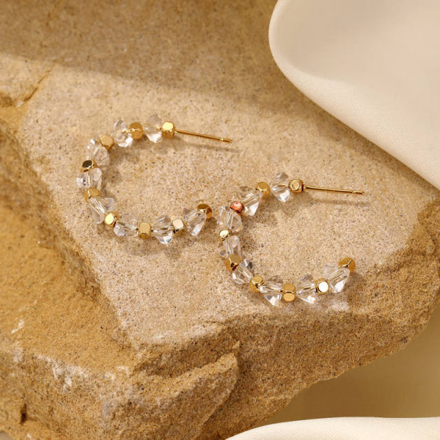 Elegant clear crystal bead diamond stainless steel hoop earrings
