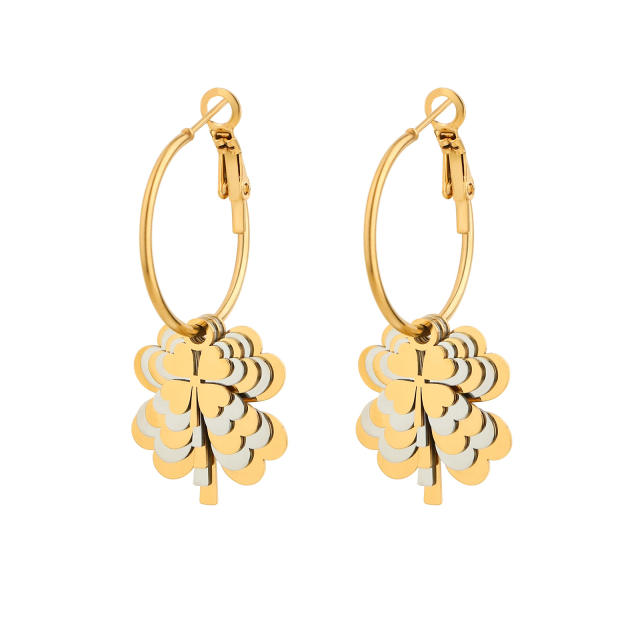 Fashionable two tone geometric block flower stainless steel huggie earrings