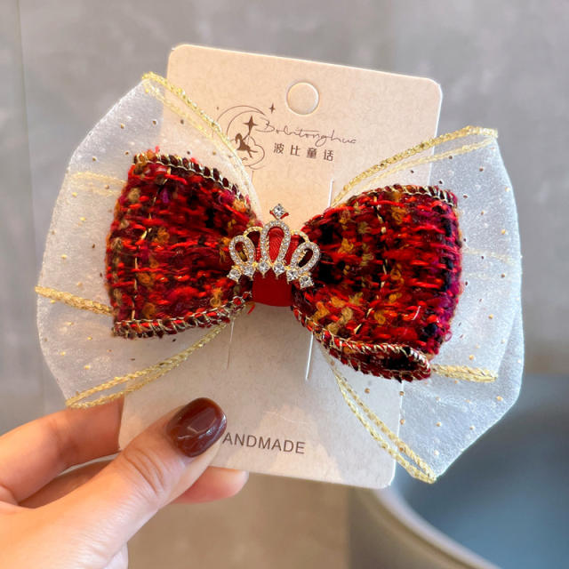 Christmas red bow cute small crown hair clips for kids