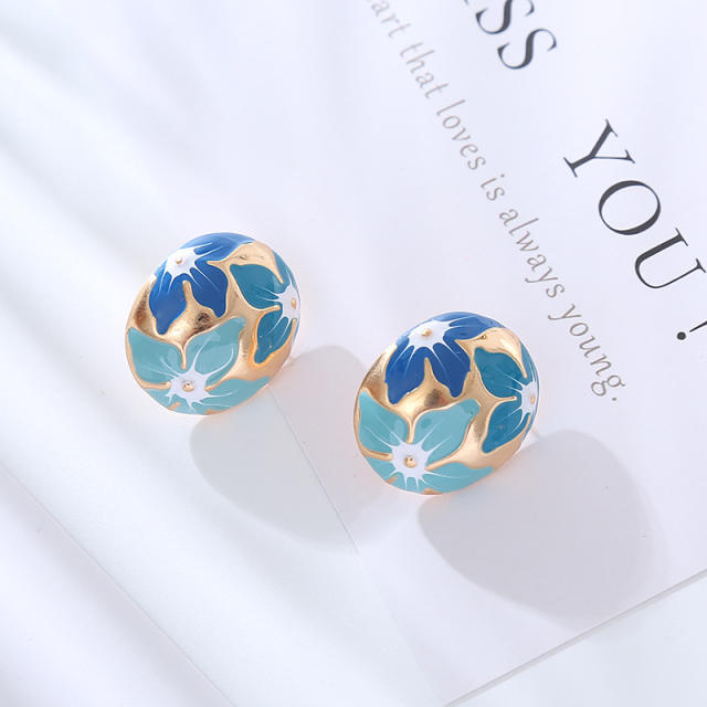 925 needle cute round shape color enamel flower studs earrings for women