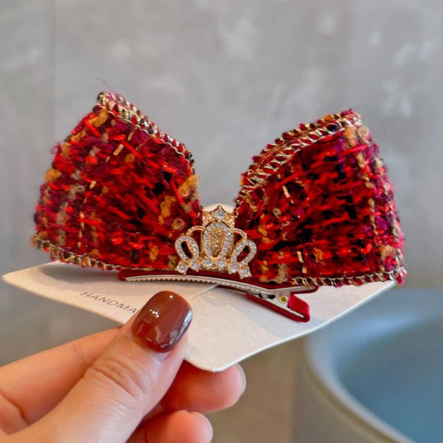 Christmas red bow cute small crown hair clips for kids