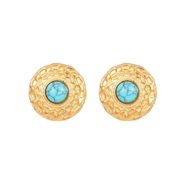 Natural turquoise bead opal stone bead statement stainless steel studs earrings