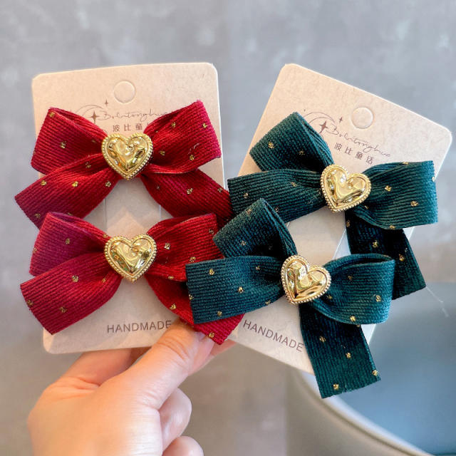 Christmas new year red velvet bow gold heart hair clips hair ties for kids