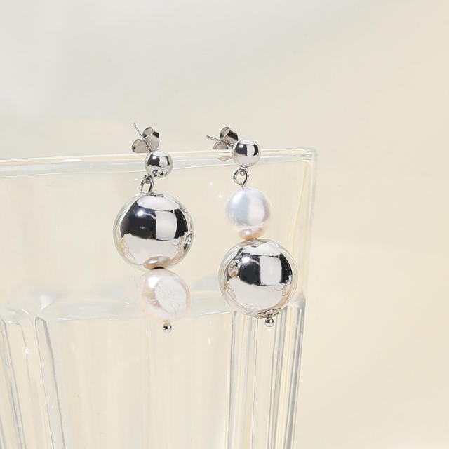 Hot sale elegant silver color ball bead pearl stainless steel necklace set