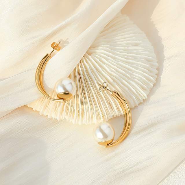 Hot sale gold color pearl bead stainless steel earrings