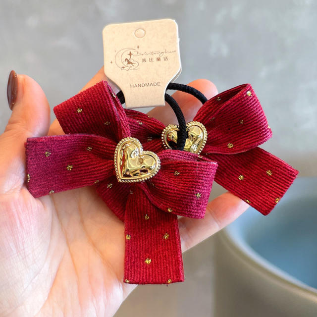 Christmas new year red velvet bow gold heart hair clips hair ties for kids