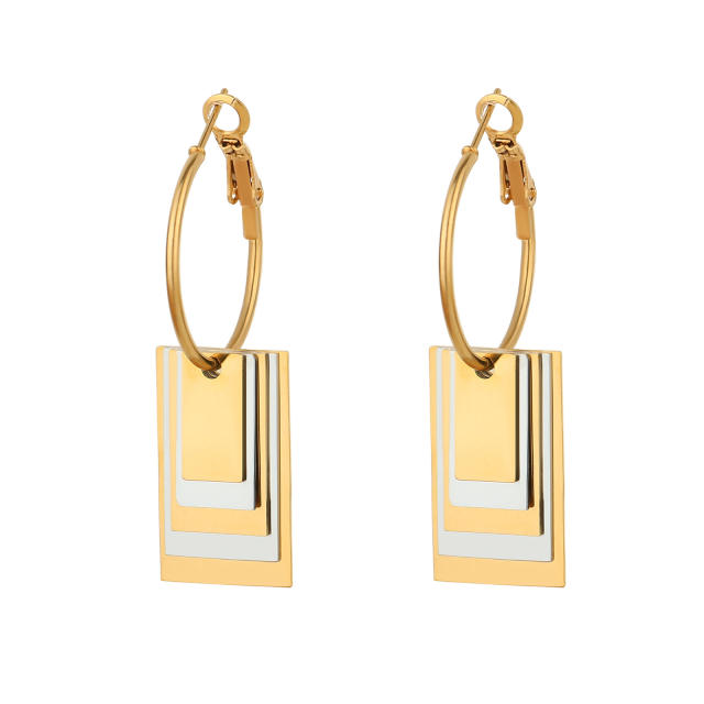 Fashionable two tone geometric block flower stainless steel huggie earrings