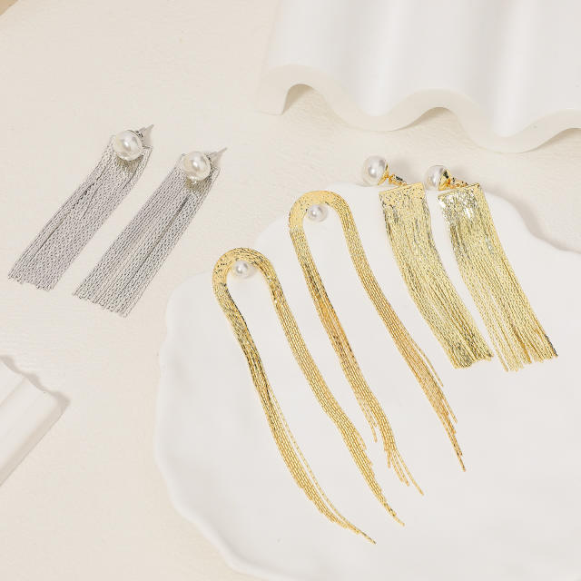 Vintage gold color stainless steel chain tassel long earrings for women