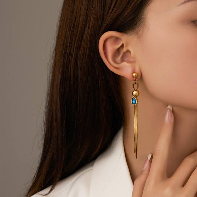 Elegant gold color snake chain long tassel stainless steel earrings