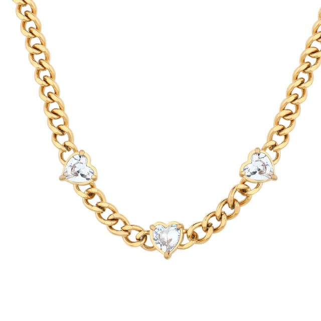 Classic diamond heart gold color cuban link chain stainless steel necklace set