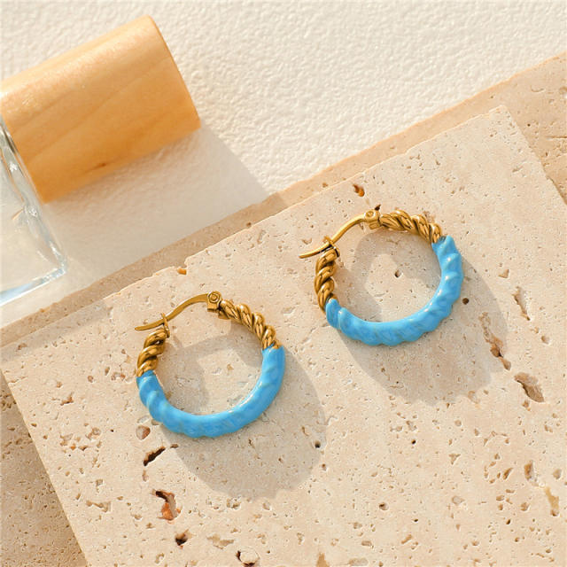 Hot sale blue color enamel turquoise stone statement stainless steel earrings
