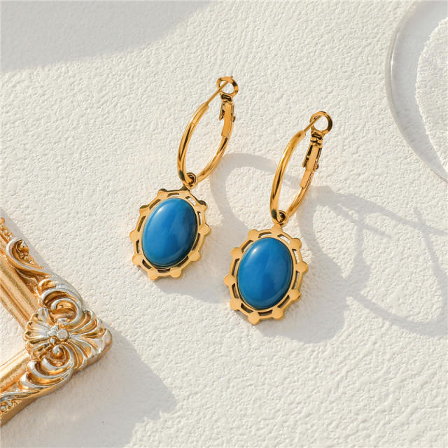 Hot sale blue color enamel turquoise stone statement stainless steel earrings