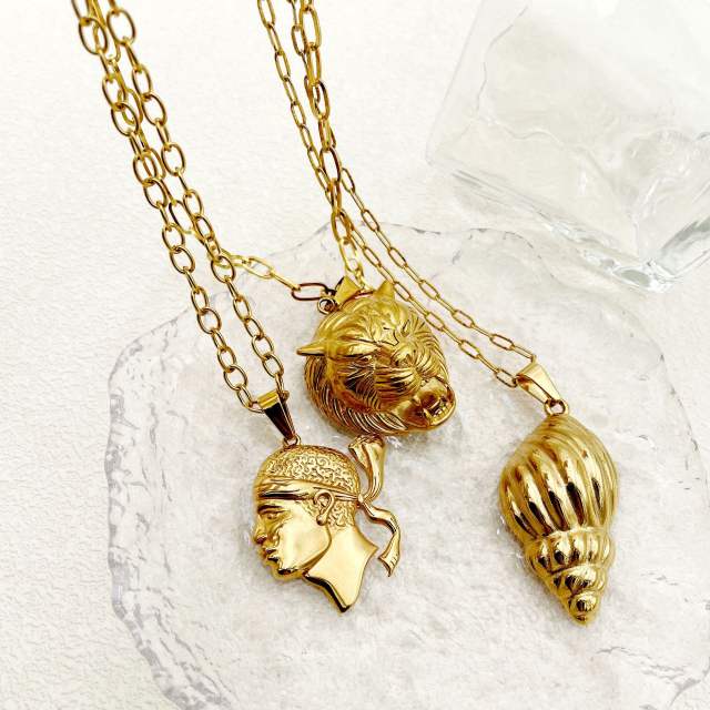 18KG real gold plated lion head conch pendant stainless steel necklace