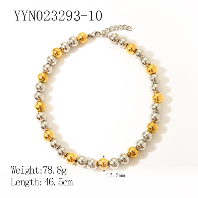 18KG popular gold silver two tone bead chunky stainless steel necklace bracelet set