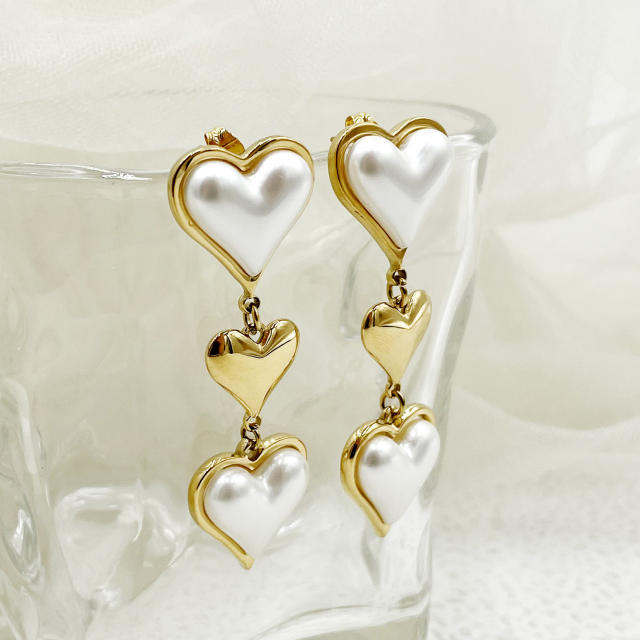 Elegant pearl heart stainless steel dangle earrings