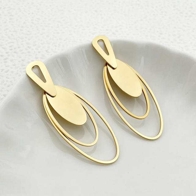 Concise hollow out oval geometric stainless steel earrings