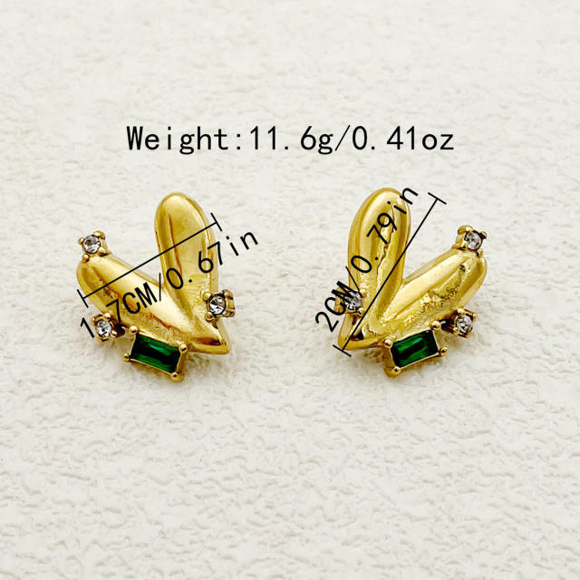 Korean fashion color rhinestone chunky heart stainless steel studs earrings