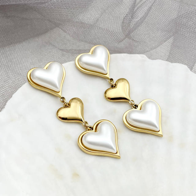 Elegant pearl heart stainless steel dangle earrings