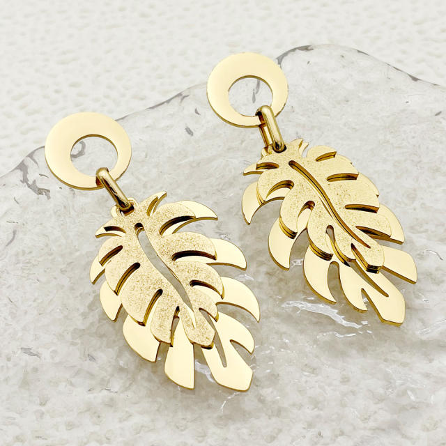 Natural two layer frosted leaf design stainless steel earrings