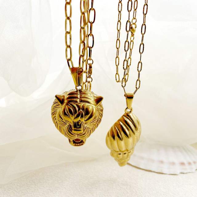 18KG real gold plated lion head conch pendant stainless steel necklace