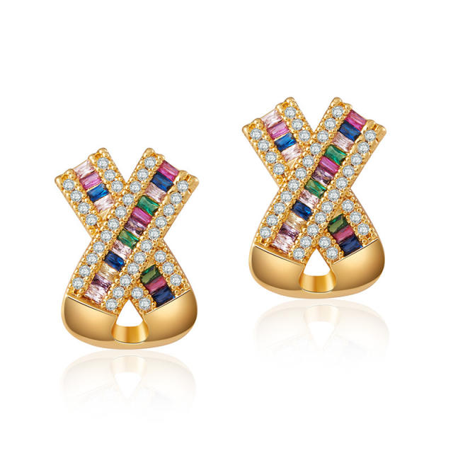 925 needle colorful diamond cute bow gold plated copper studs earrings