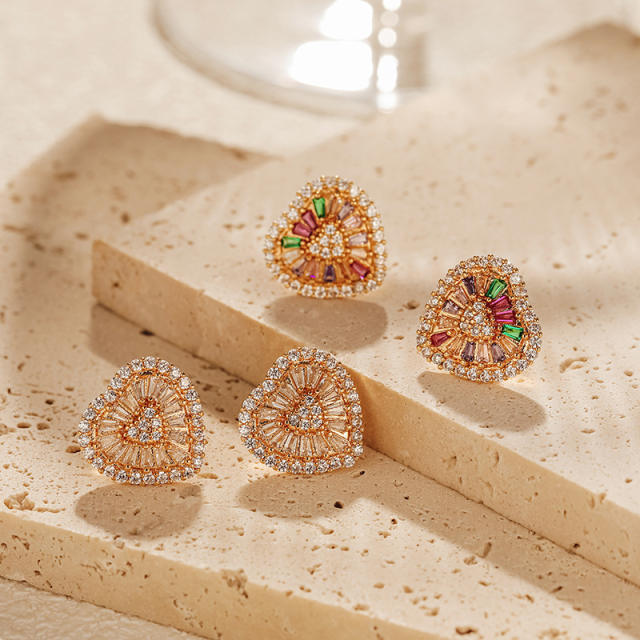 18K real gold plated diamond heart copper studs earrings