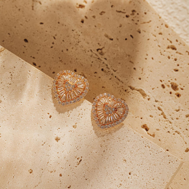 18K real gold plated diamond heart copper studs earrings