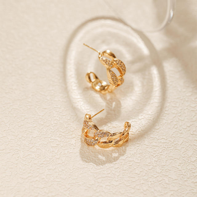 925 needle diamond chain open hoop gold plated copper earrings