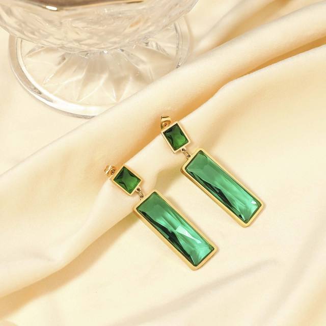 Elegant emerald cubic zircon glass crystal statement stainless steel necklace earrings collection