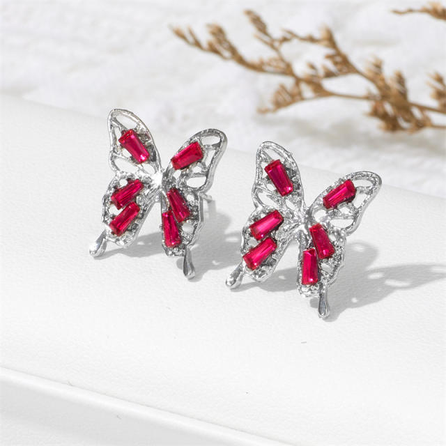 925 needle colorful diamond hollow out butterfly studs earrings