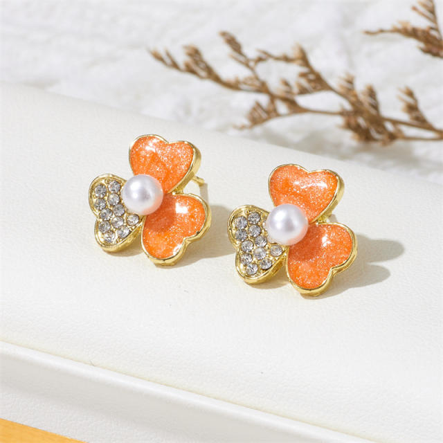 Sweet color enamel diamond clover studs earrings