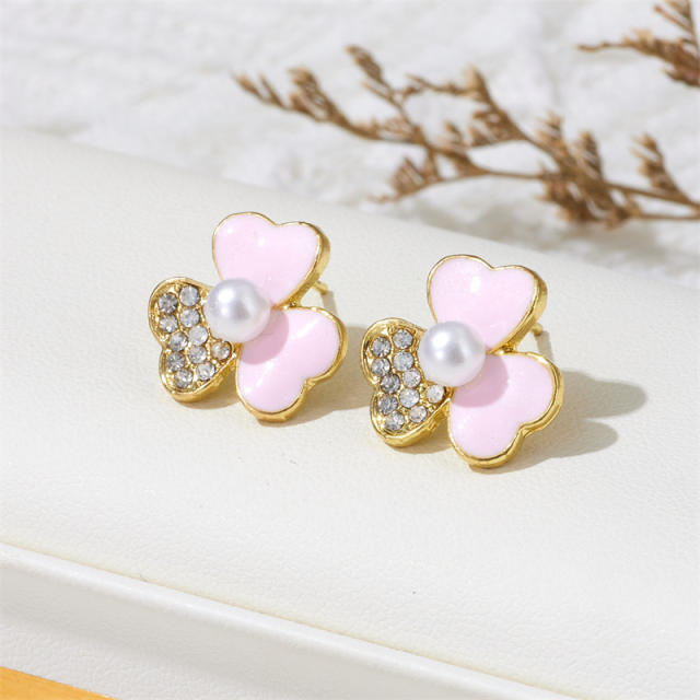 Sweet color enamel diamond clover studs earrings