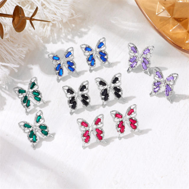 925 needle colorful diamond hollow out butterfly studs earrings