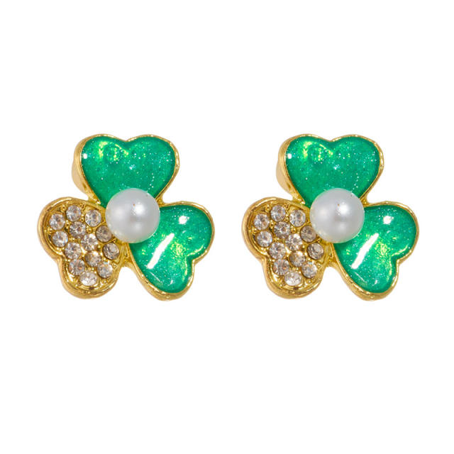 Sweet color enamel diamond clover studs earrings