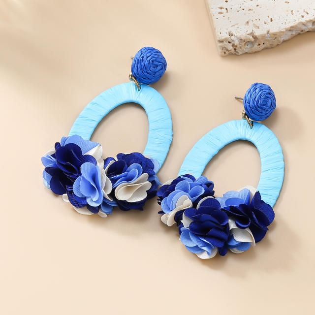 Boho beach design fabric flower traw drop shape earrings