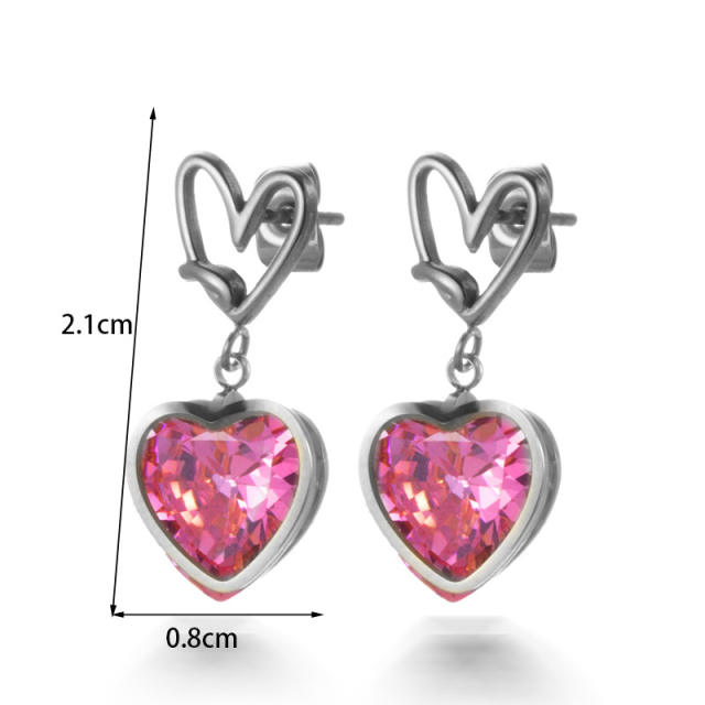 Sweet pink color crystal heart stainless steel earrings collection
