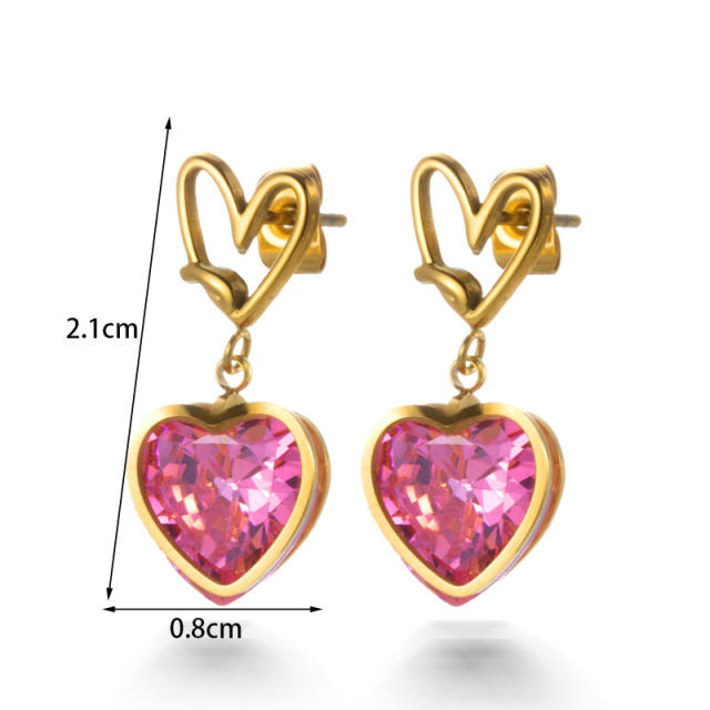 Sweet pink color crystal heart stainless steel earrings collection