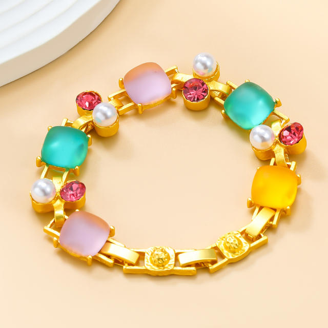 Fresh green pink color resin statement choker necklace bracelet earrings set