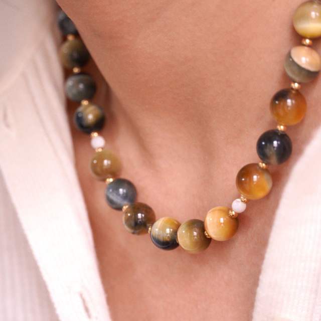 INS vintage fall color tiger eye bead stainless steel necklace